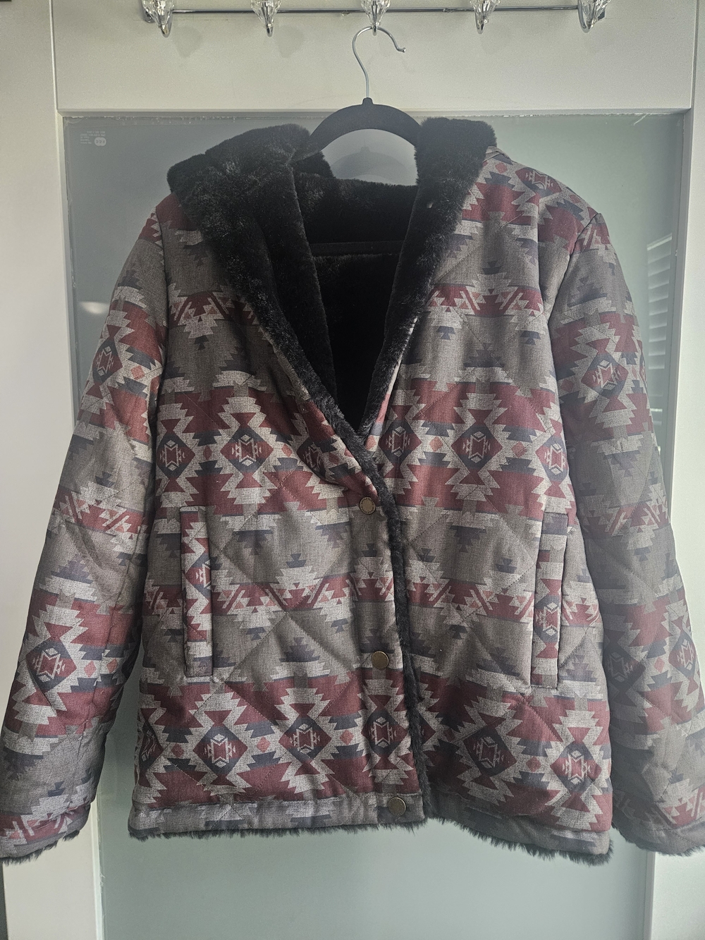 Pendleton Reversible Aztec Quilted Jacket in Burgundy and Gray with Black Fur